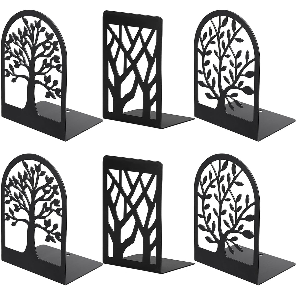 L-Shaped Metal Bookends with Tree Cutout, Three Pairs
