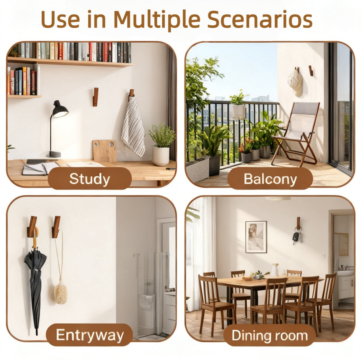 Solid Wood Wall Hooks with Rounded Edges, Four-Piece Set - Image 4