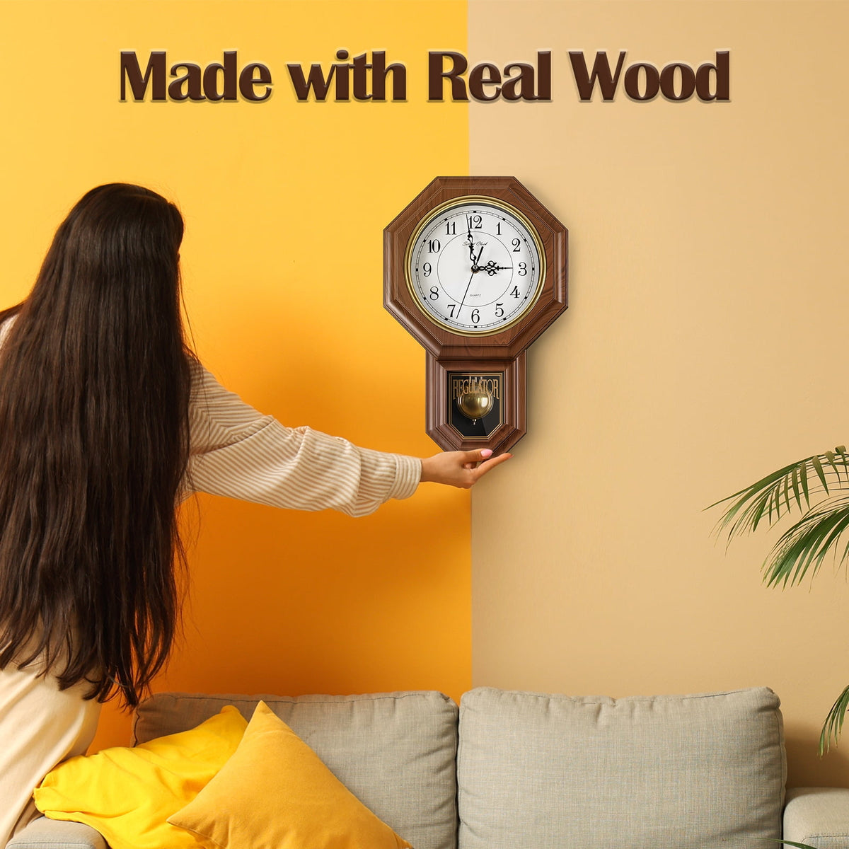 Pendulum Wall Clock with Chime and Warm Brown Vintage Case - Image 3