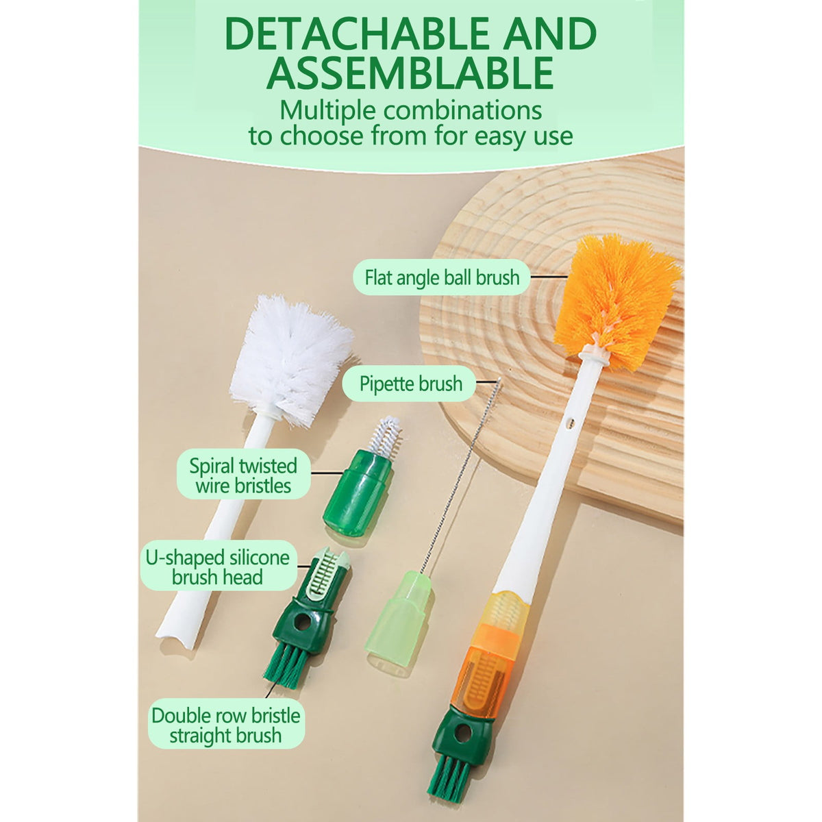Five-Head Bottle and Decanter Cleaning Brush Set with 14-Inch Handle - Image 5