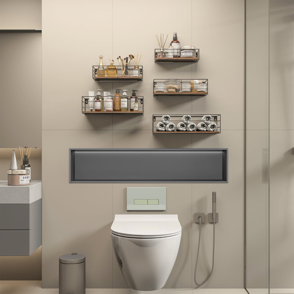 Floating Wall Shelves in Wood and Black Iron, Set of Five with Fixings - Image 4