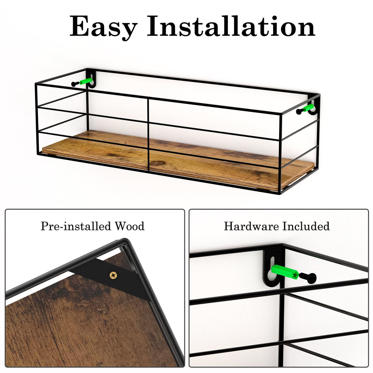 Floating Wall Shelves in Wood and Black Iron, Set of Five with Fixings - Image 3