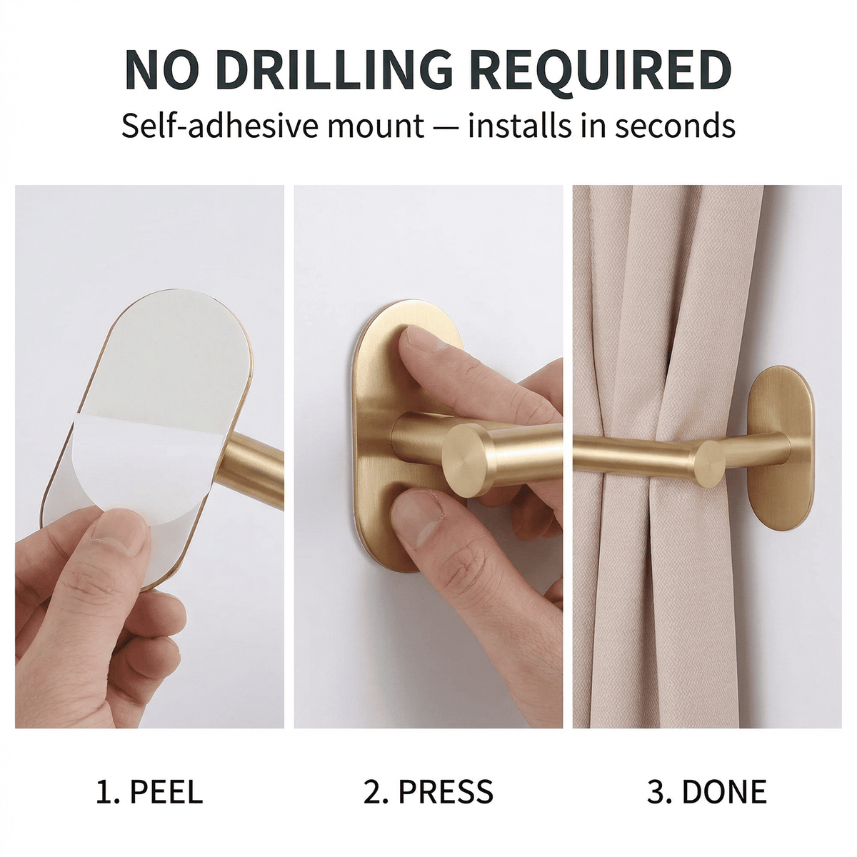 Adhesive Gold Curtain Holdbacks, No-Drill Tiebacks, Set of Two - Image 4