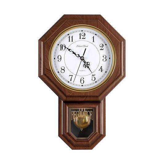 Pendulum Wall Clock with Chime and Warm Brown Vintage Case