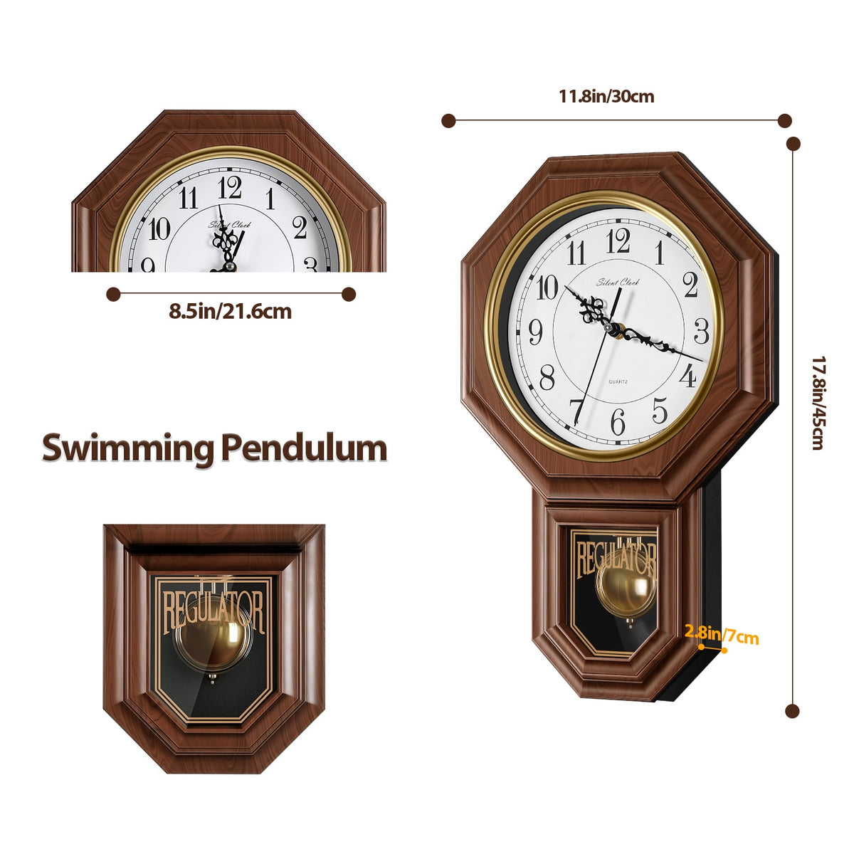 Pendulum Wall Clock with Chime and Warm Brown Vintage Case - Image 4