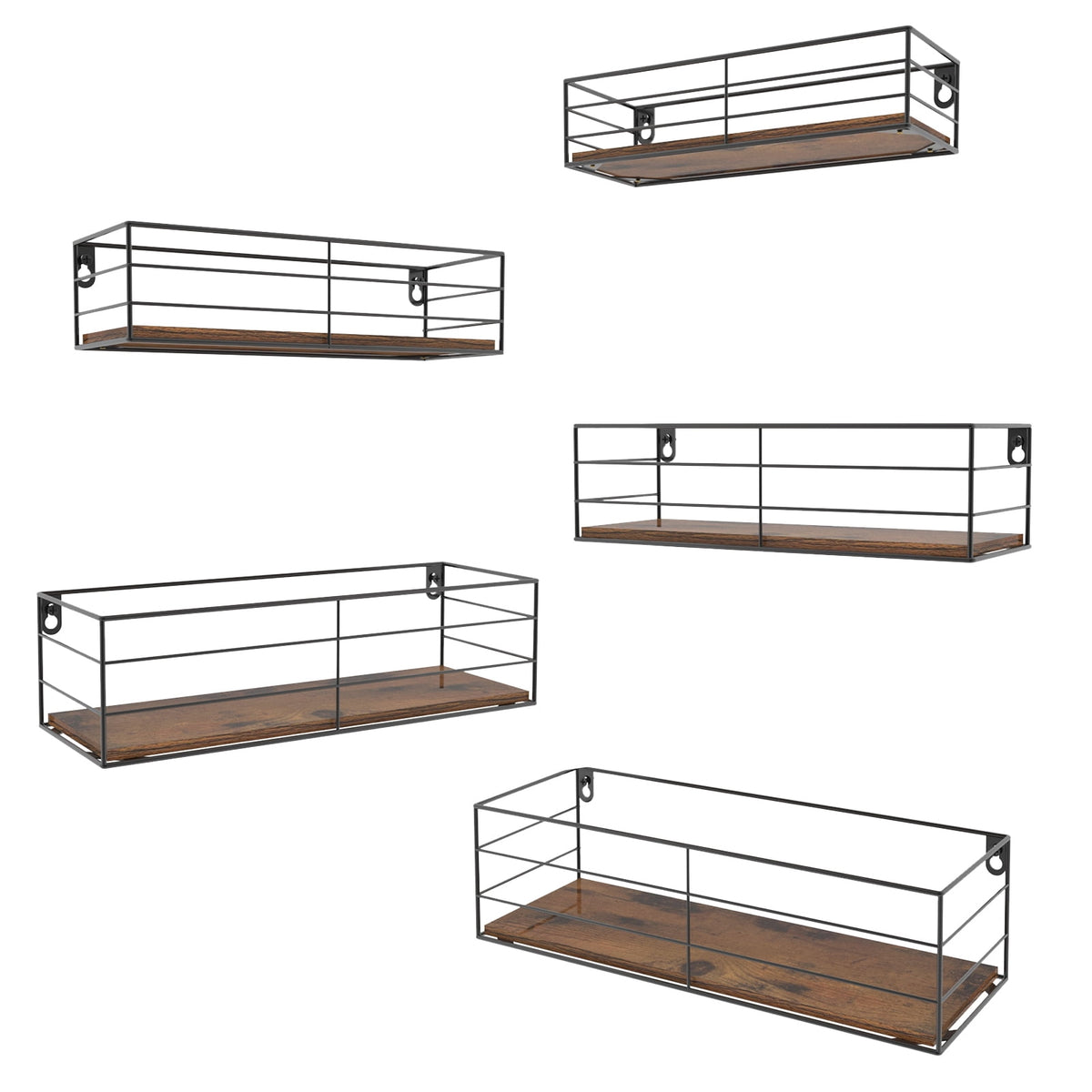 Floating Wall Shelves in Wood and Black Iron, Set of Five with Fixings