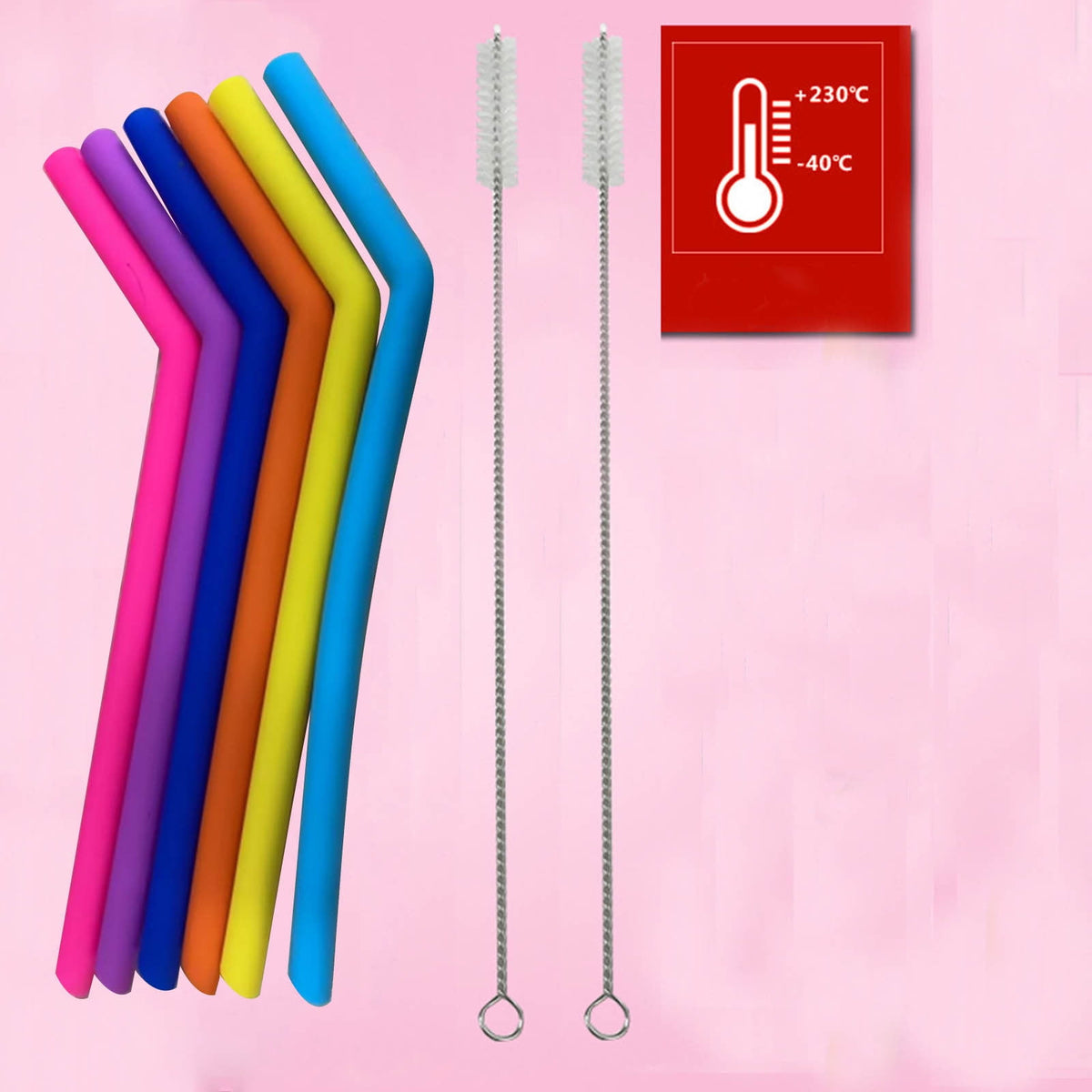 Reusable Silicone Drinking Straws, Six Colours, with Two Cleaning Brushes - Image 3