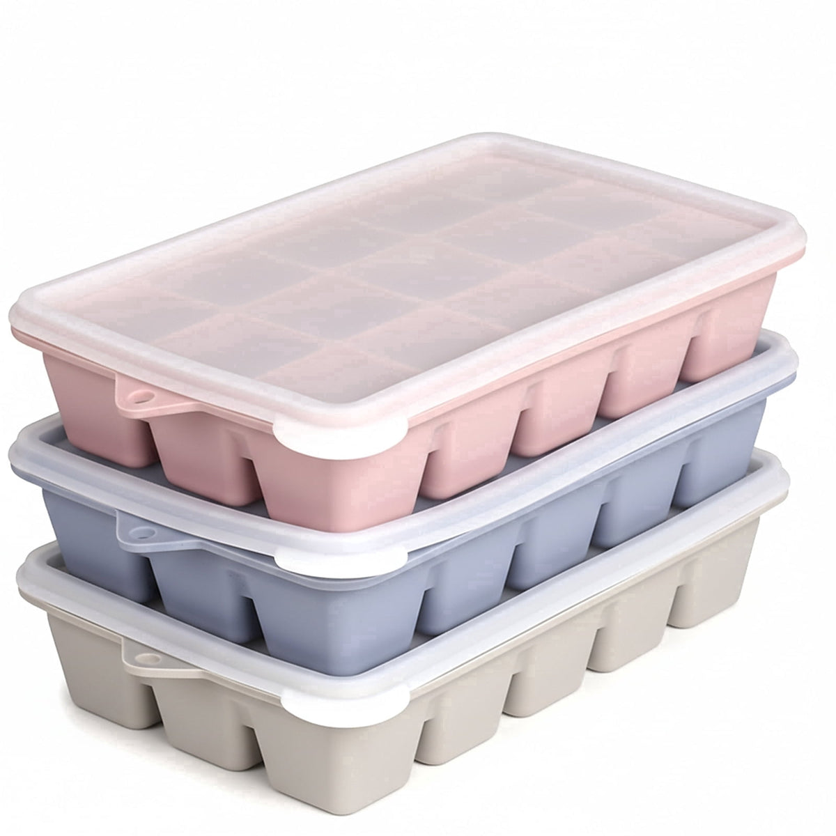 Silicone Ice Cube Trays with Removable Lids, Stackable Set of Three