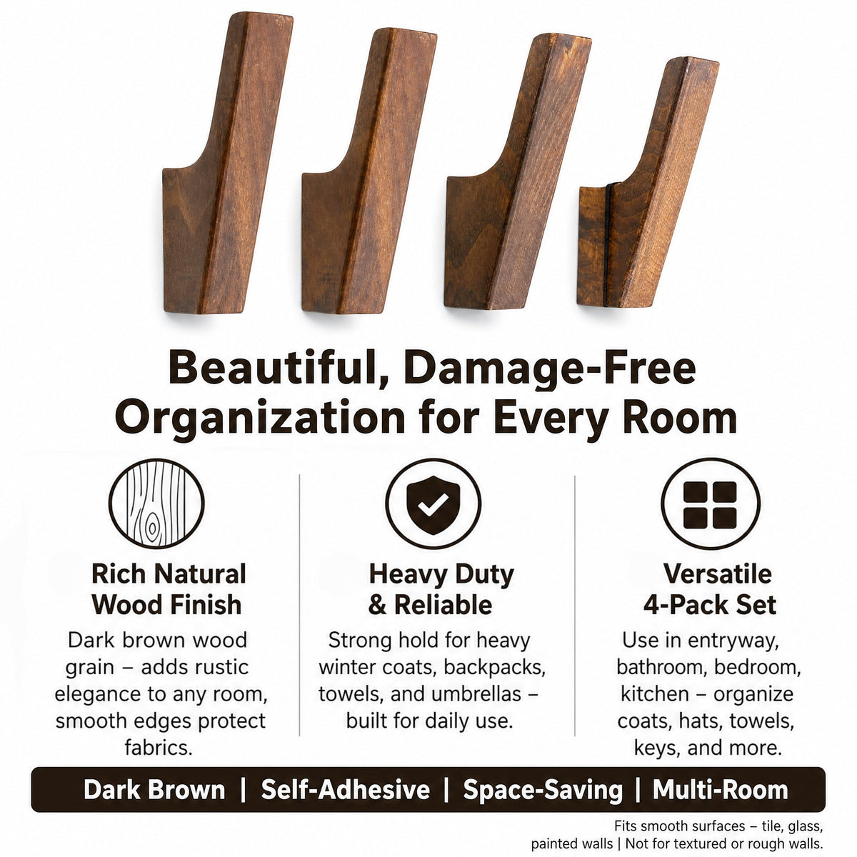 Solid Wood Wall Hooks with Rounded Edges, Four-Piece Set - Image 2