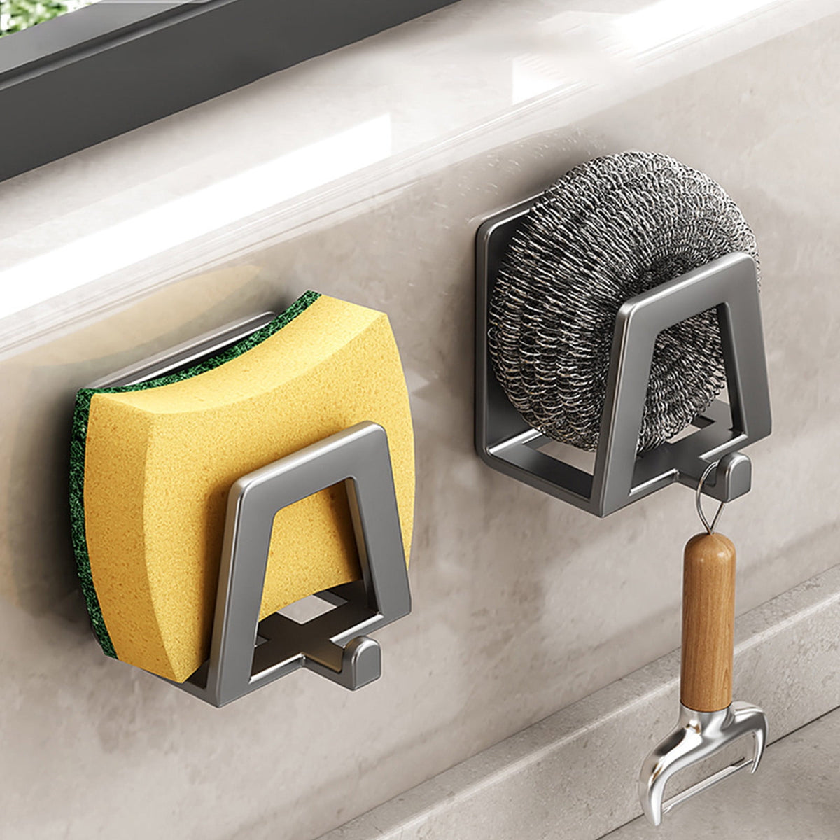 Adhesive Sink Caddy for Sponges with Side Hook, Polished Steel - Image 2