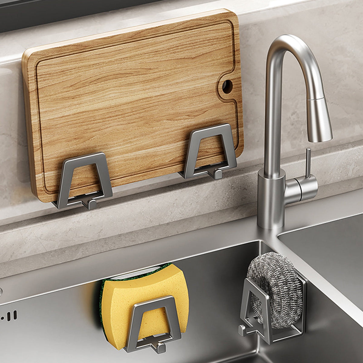 Adhesive Sink Caddy for Sponges with Side Hook, Polished Steel - Image 6