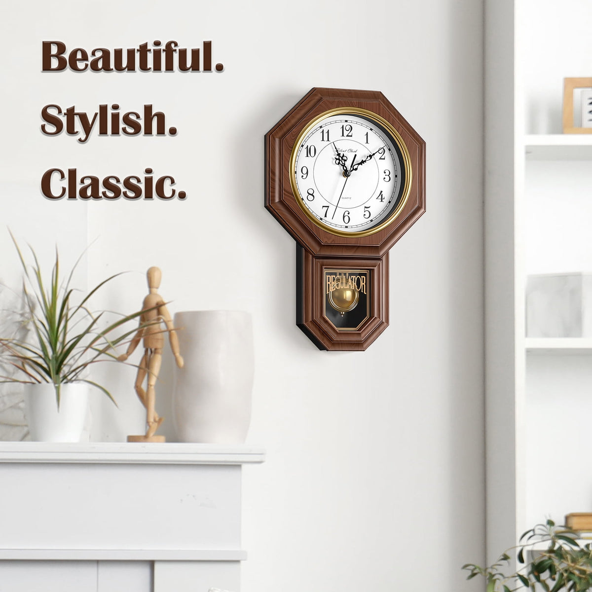 Pendulum Wall Clock with Chime and Warm Brown Vintage Case - Image 6